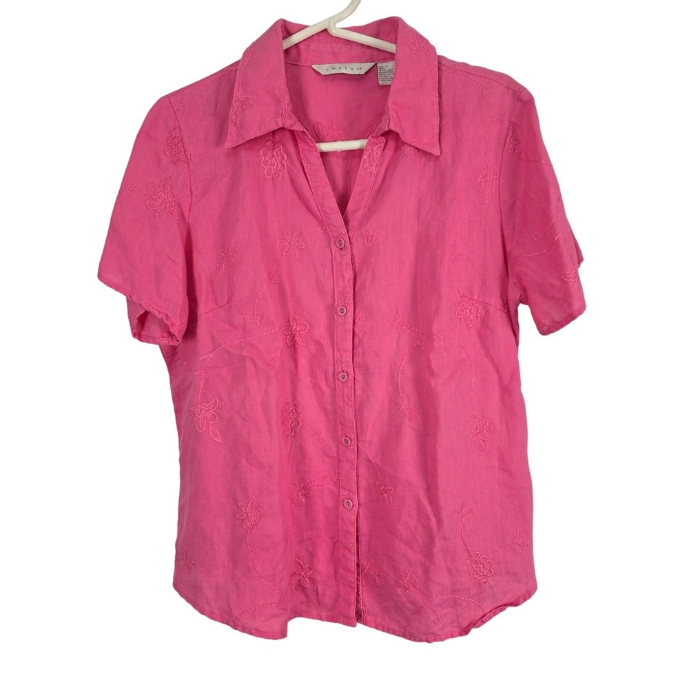 Tweeds Embroidered Linen Button Front Top L Womens Pink Coquette V Neck Floral